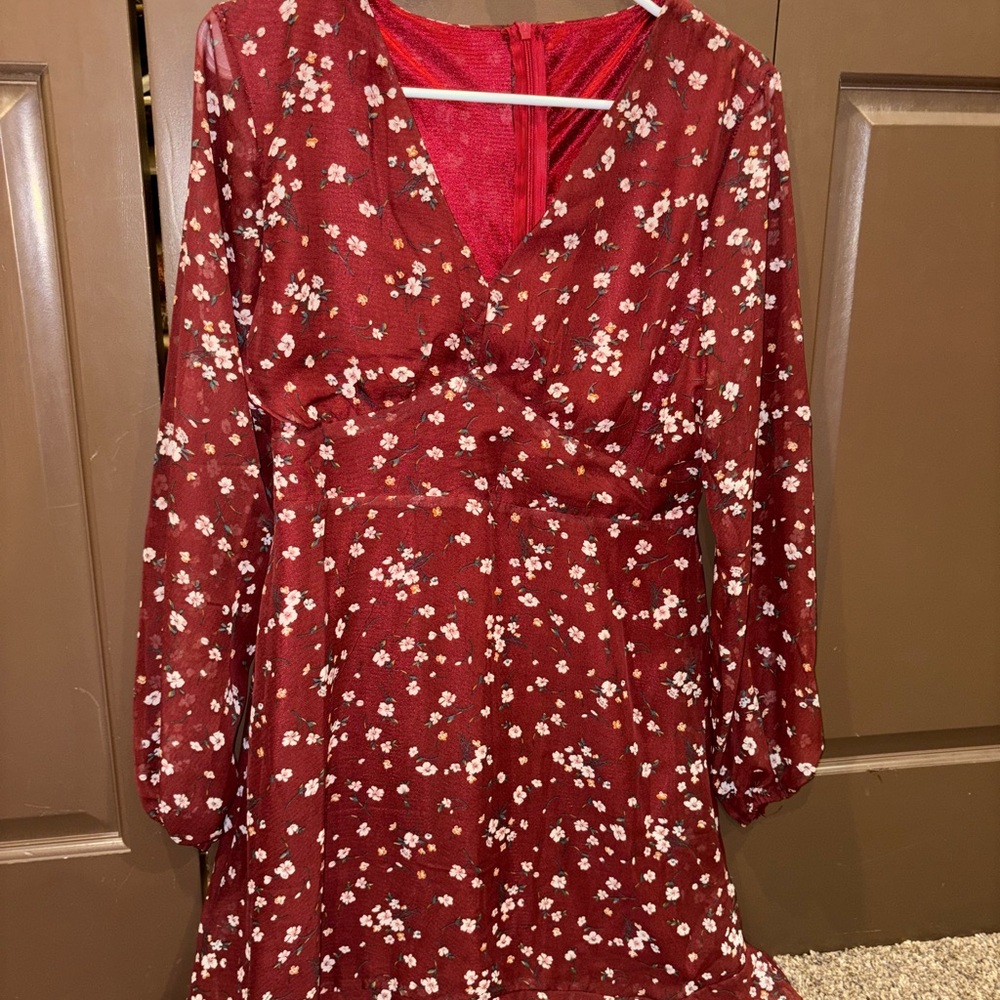 Floral wine colored Long Sleeve Dress